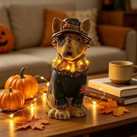 Clearance! Halloween Light‑Up Dog Figurine, 7.9in Scarecrow Dog Statue with Glowing Pumpkin, Waterproof Resin Table Yard Decor