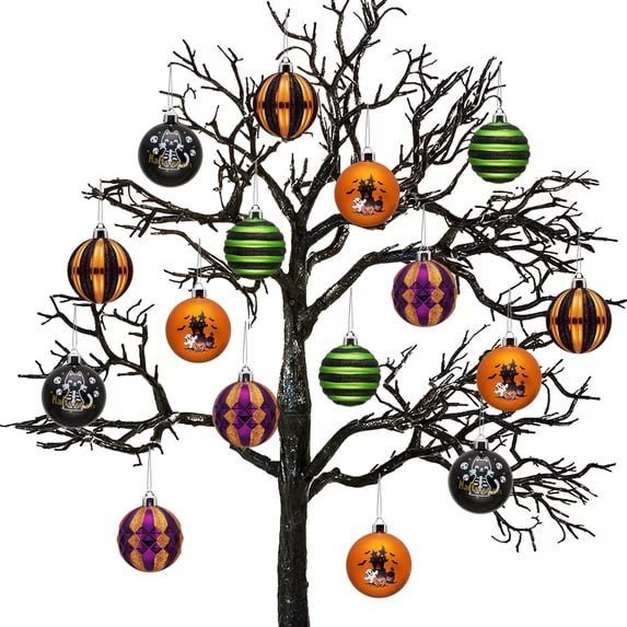 Valery Madelyn 16ct 2.36" Shatterproof Halloween Ball Ornaments Set, Black Cat Castle Vintage Tree Decorations