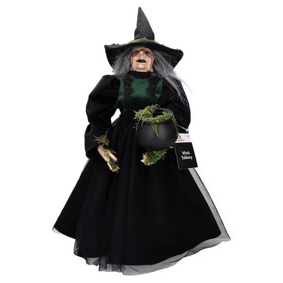 Fabric Witch Figurine with Moss Cauldron Decoration, Black, 17.6", Halloween by Way To Celebrate