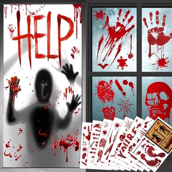 Toodour Halloween Bloody Window Clings Posters, Bloody Handprint Sticker Party Decoration for Haunted House Door Creepy School Dormitory Window