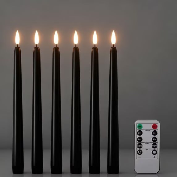Halloween Flameless Taper Candles with Remote & Timer, 6 Pack Black Candles Battery Operated LED 3D Wick Flickering for Halloween Table Decorations