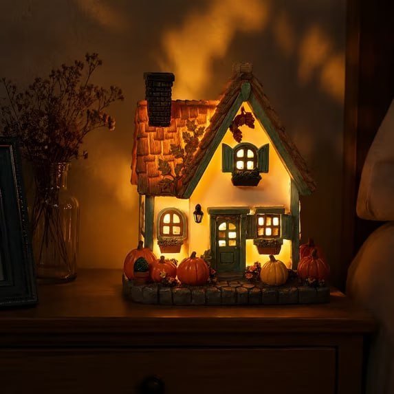 Light-Up Pumpkin House Tabletop Decor, Battery Operated Glowing Autumn House Figurine for Mantel Desk Shelf Halloween Thanksgiving Indoor Ornament (S)