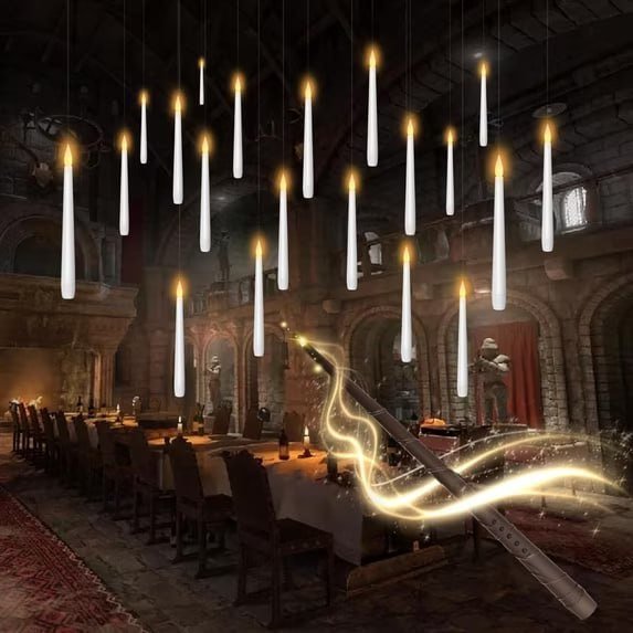 JEEXI Floating Candles with Magic Wand Remote, 20 Pack Hanging Flameless LED Taper Candles with Flickering Warm Light and 6-Hour Timer for Halloween, Christmas and Party Decorations
