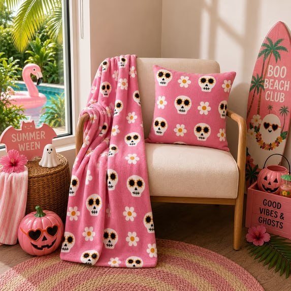 Summerween Plush Throw, 50"x60", Fiesta Skulls
