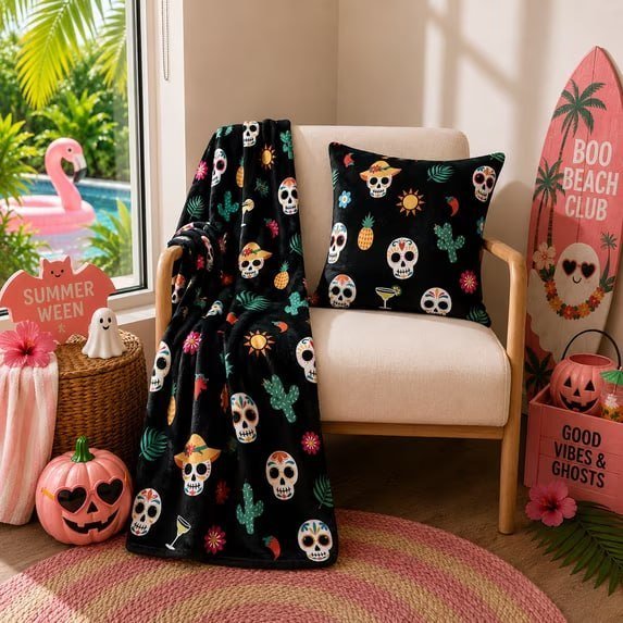 Summerween Plush Throw, 50"x60", Fiesta Skulls