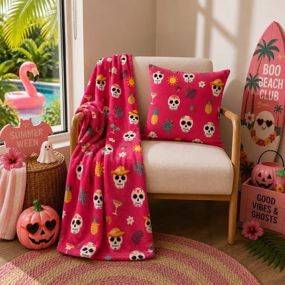Summerween Plush Throw, 50"x60", Fiesta Skulls