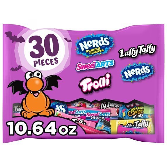 Nerds Core Winners Halloween Trick-or-Treat Variety Bag, NERDS Gummy Clusters, SweeTARTS, Trolli, Laffy Taffy, and NERDS Original, 30 Pieces, 10.64 Ounces