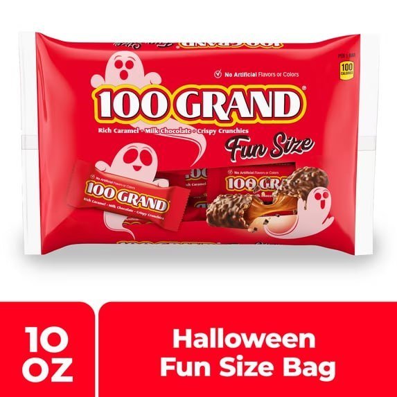 100 Grand Fun Size Halloween Chocolate Candy Bars, Halloween Candy Bulk, Crispy Crunchies and Milk Chocolate with Rich Caramel, 10 oz