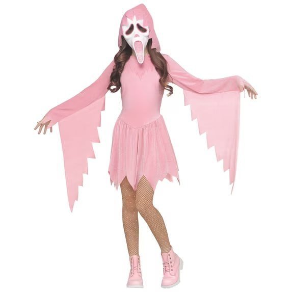 Scream Pink Glitter Ghost Face Halloween Costume for Children, 2-Piece, Girls' Size L (10/12), by Fun World