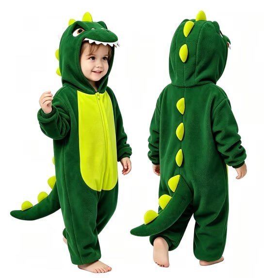 Joyfy Dinosaur Costume for Baby Toddler, Plush Hooded Romper Green DinosaurJumpsuit Pajama for Halloween Dress Up Party Ages 3-4
