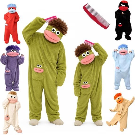 Funny Big Mouth Monster Adult Onesie with Large Comb Prop, Silly Puppet Cosplay One Piece Pajamas, Oversized Fleece Sleepwear for Parent & Little One