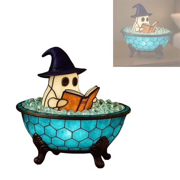 Halloween Decorations - Cute Ghost Reading Book Lamp, Halloween Ghost Night Light, Light up Ghosts Halloween Decorations for Indoor Home Table Centerpiece Bedroom Shelf Readers (6 Inch)
