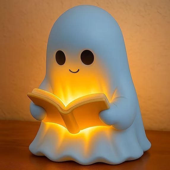 Halloween Decorations - Cute Ghost Reading Book Lamp, Halloween Ghost Night Light, Light up Ghosts Halloween Decorations for Indoor Home Table Centerpiece Bedroom Shelf Readers (6 Inch)