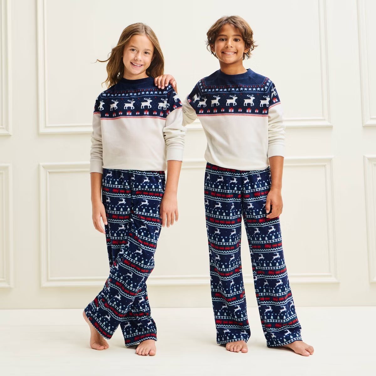 target Kids' Holiday Reindeer Microfleece Matching Family Pajama Pants - Wondershop™ Navy Blue/Cream XS