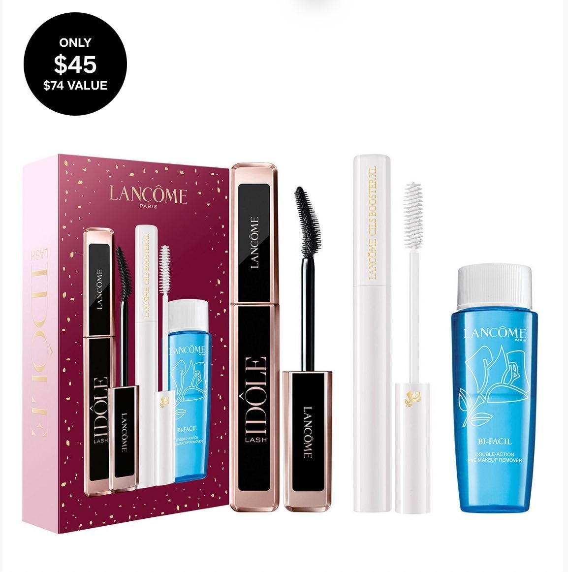 3-Piece Idôle Mascara, Cils Booster Mascara Primer & Bi-Facil Eye Makeup Remover Set
