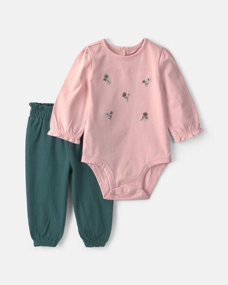 Baby Girl 2-Piece Apple Long-Sleeve Bodysuit & Pant Set - Cream/Pink