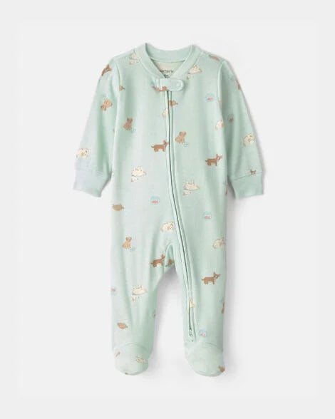 Baby Girl Pets Cotton 2-Way Zip Sleep & Play Pajamas - Green