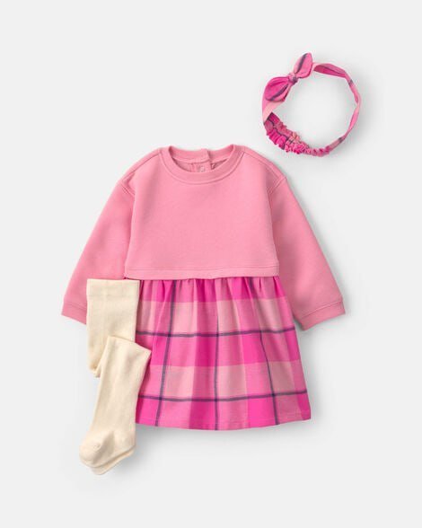 Baby Girl 3-Piece Cherry French Terry Long-Sleeve Dress Set - Pink