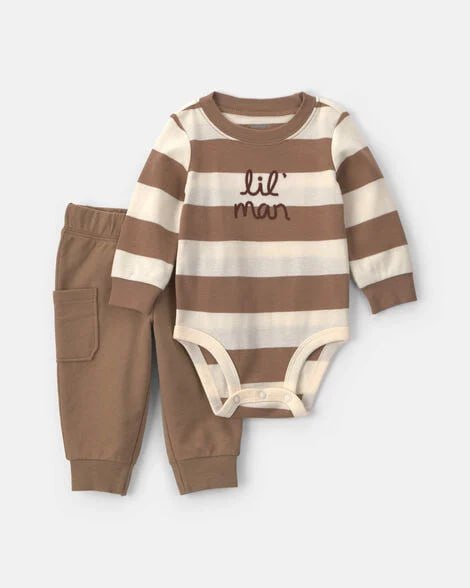 Baby Boy 2-Piece 'Lil Man' Striped Long-Sleeve Bodysuit & Pant Set - Brown