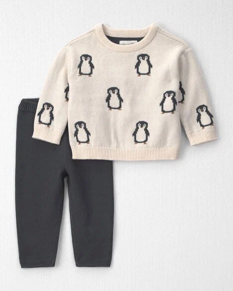 Baby 2-Piece Organic Cotton Sweater Knit Top & Pant Set in Penguins