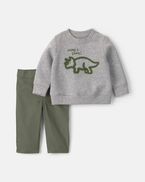 Baby Boy 2-Piece Dinosaur Fleece Pullover & Pant Set - Grey