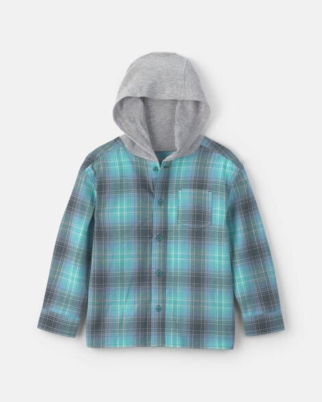 Boys Denim Hooded Button-Down Shirt - Indigo