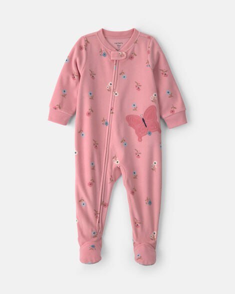 Toddler Girl 1-Piece Butterfly Fleece Loose Fit Footed Pajama - Pink