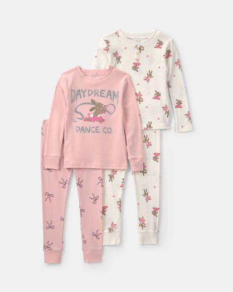 Toddler Girl 'Cozy at Home' Floral Cotton Snug Fit 4-Piece Pajama Set - Green/Pink
