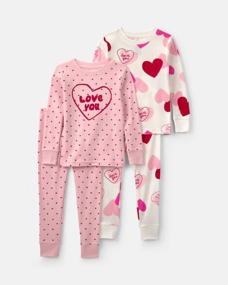 Toddler Girl 'Cozy at Home' Floral Cotton Snug Fit 4-Piece Pajama Set - Green/Pink