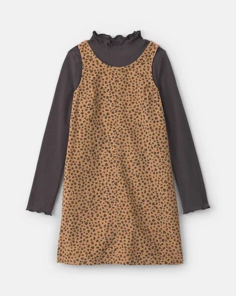 Girls 2-Piece Leopard Corduroy Long-Sleeve Dress Set - Brown/Black