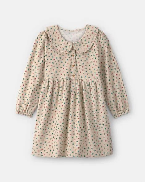 Girls Floral Collared Corduroy Dress - Cream