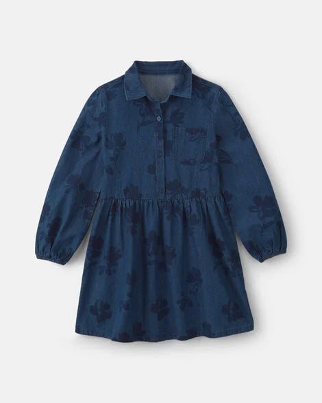 Girls Floral Denim Long-Sleeve Dress - Dark Wash