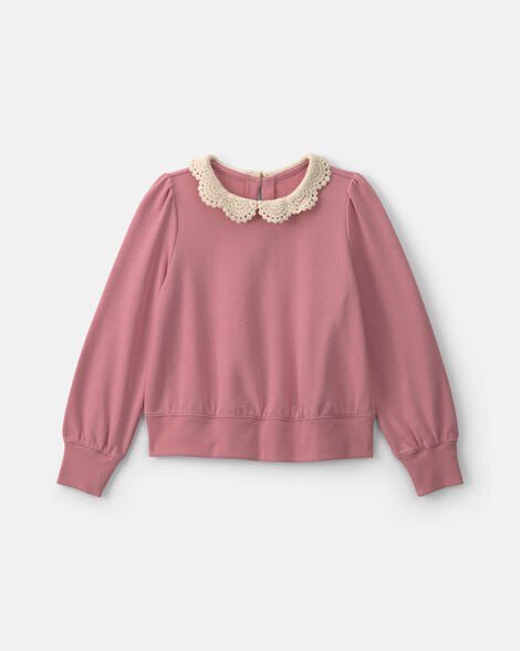 Girls Floral Collar French Terry Pullover Sweatshirt - Green