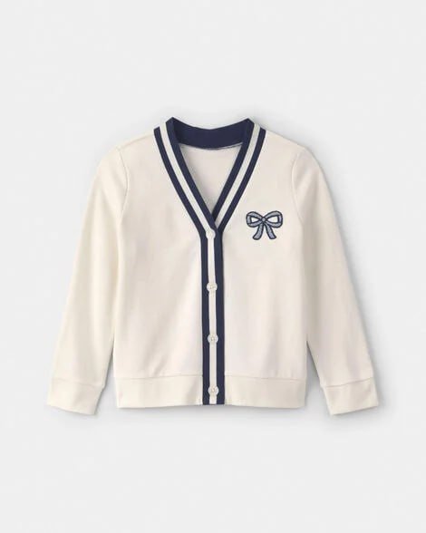 Girls Bow French Terry Cardigan Sweater - Cream
