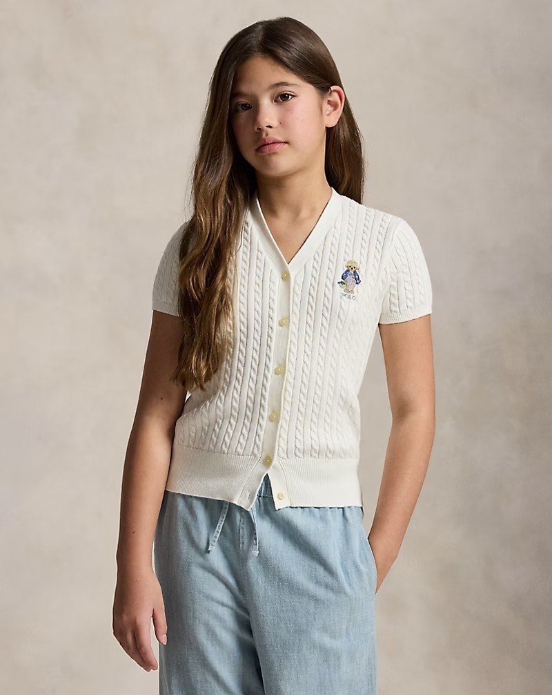 Polo Bear Cable Cotton V-Neck Cardigan