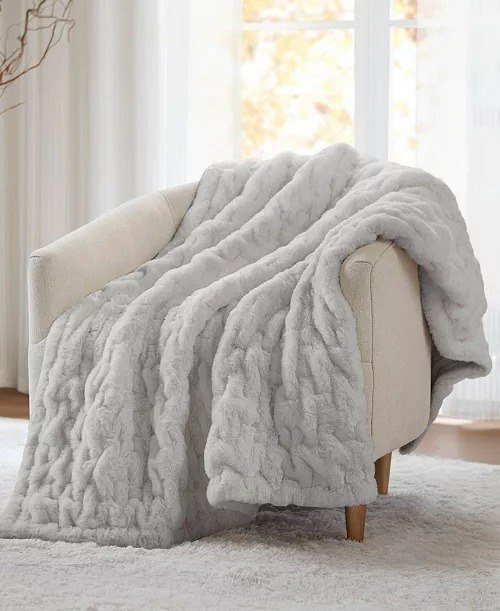 Madison ParkRuched Reversible Faux-Fur Throw, 50 x 60