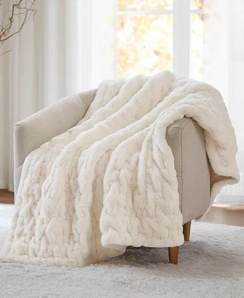 Madison ParkRuched Reversible Faux-Fur Throw, 50 x 60