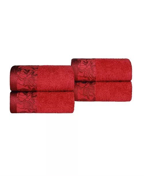 SuperiorWisteria Floral Embroidered Jacquard Border Cotton 4 Piece Hand Towel Sets