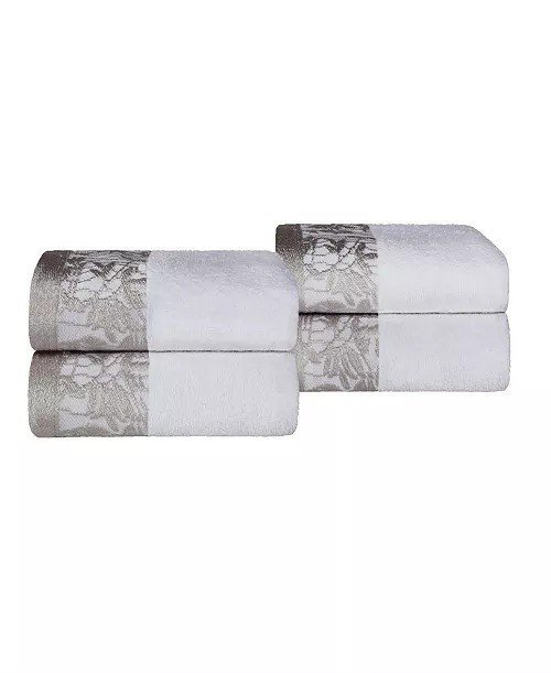 SuperiorWisteria Floral Embroidered Jacquard Border Cotton 4 Piece Hand Towel Sets