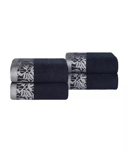 SuperiorWisteria Floral Embroidered Jacquard Border Cotton 4 Piece Hand Towel Sets