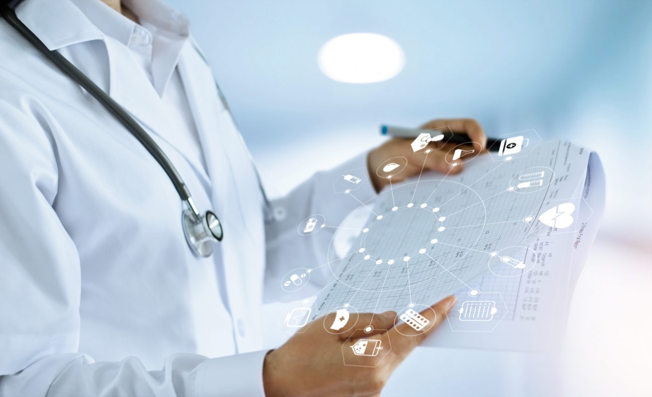 Doctor with medical report in hand and medical icon network connection in hospital background, medical technology network concept Medicine doctor and medical Report in hand with icon medical network connection in hospital background, medical technology network concept
