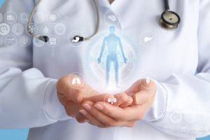 Doctor shows a hologram of a patient . Doctor shows a hologram of a patient on a blue background.