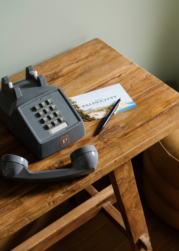 Palihouse Hyde Park Village - phone off the hook, and Palisociety postcard and pen