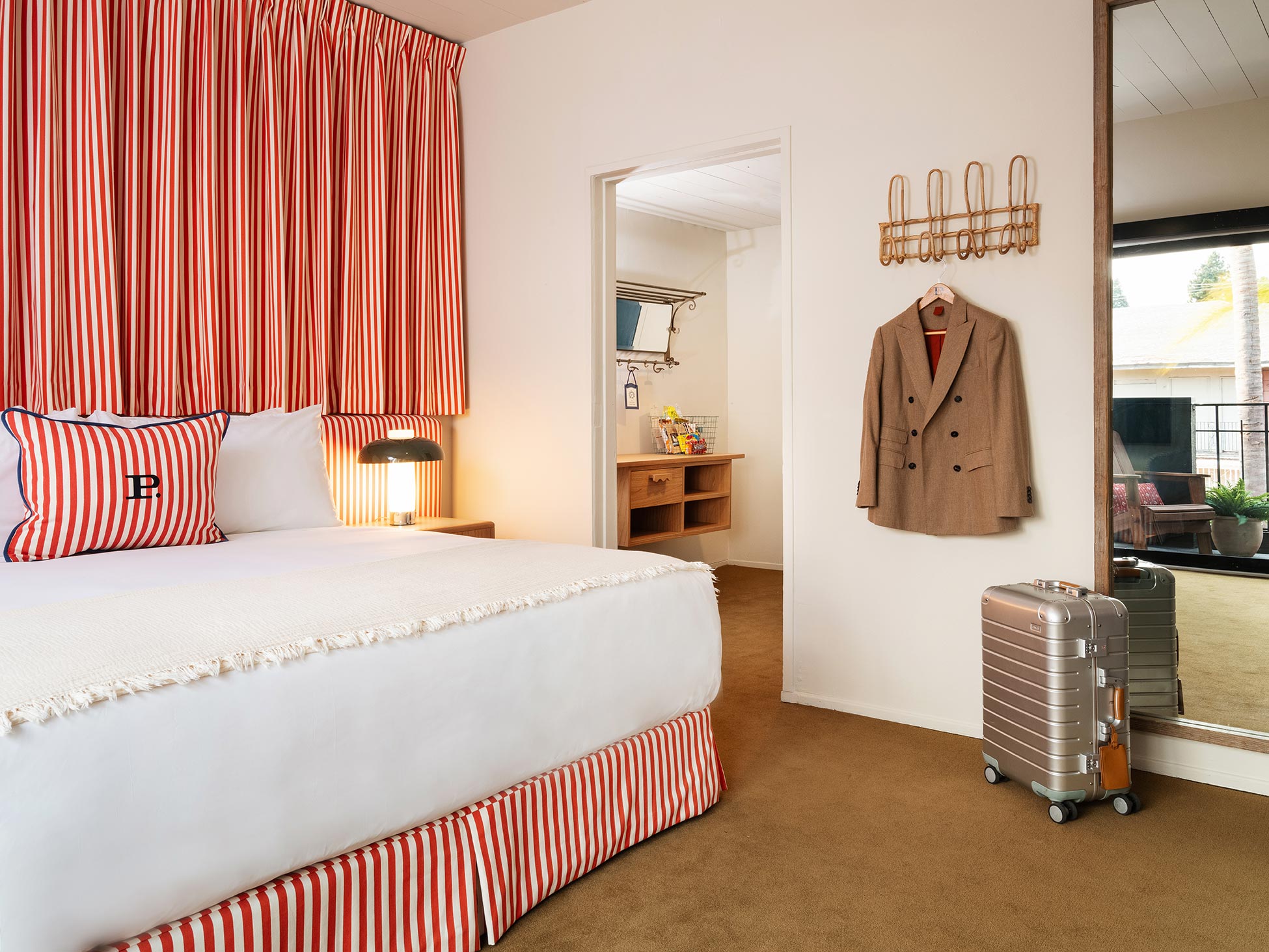 bed, luggage, closet area