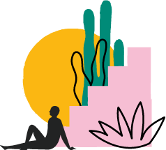 abstract man sitting next to stairs, sun and cacti