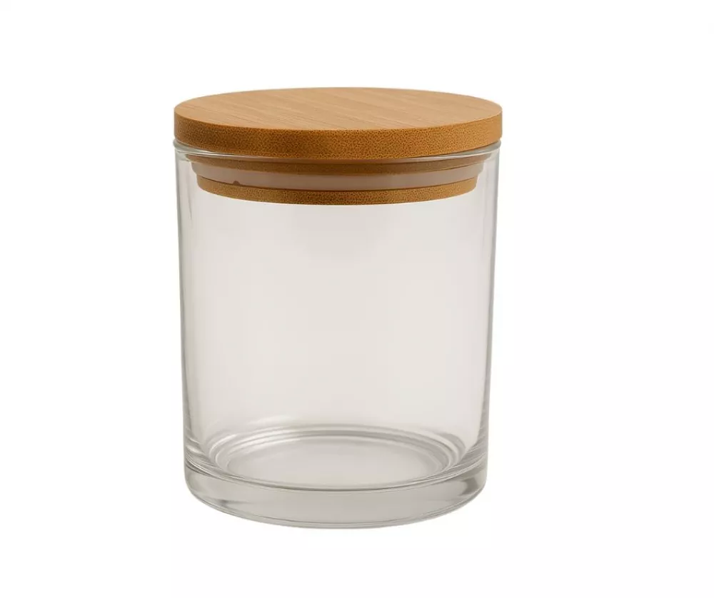Pote Vidrio Transparente c/ Tapa De Bambú Precio x unidad.