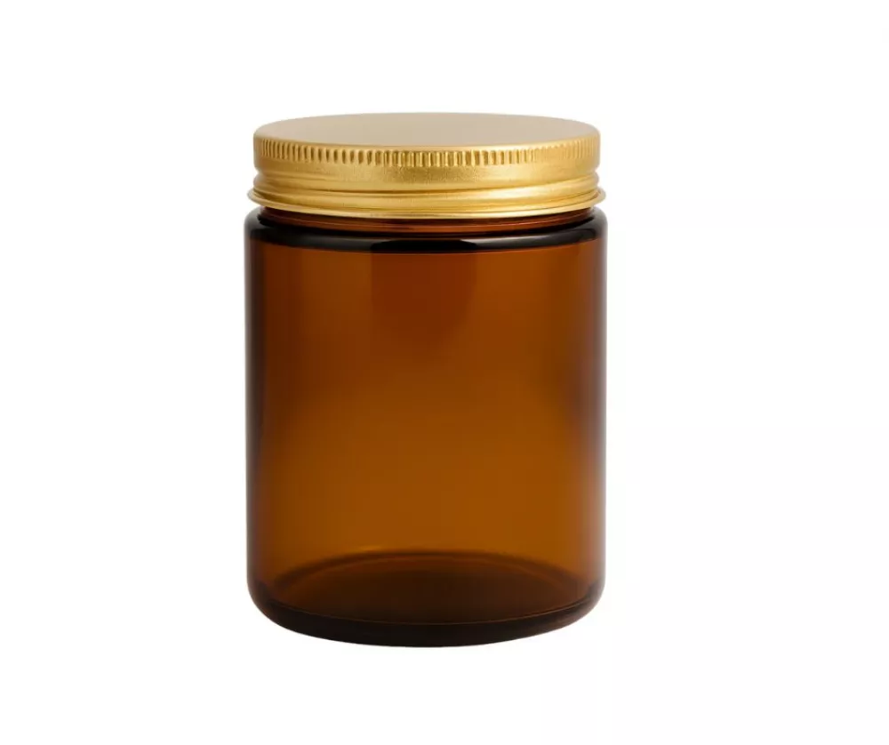 Pote Vidrio Ambar c/ Tapa Dorada Precio x unidad.