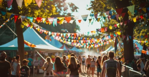 An outdoor festival full of vendor booths and attendees.