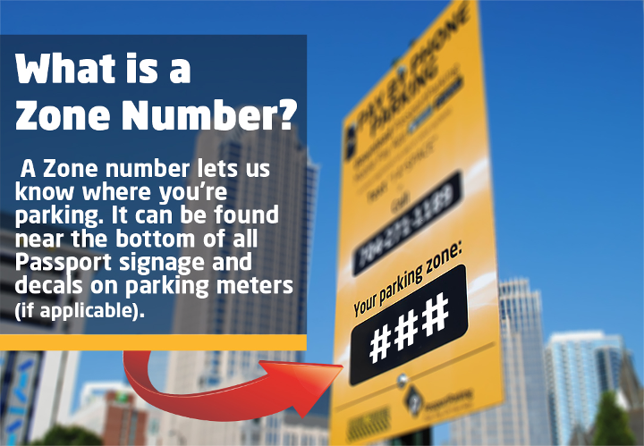 Example parking signs. Green commuter parking sign to the left of a red commercial loading zone sign. The Zone number is located at the bottom of each sign.