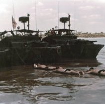 PBRs at dock. Sailors bathe at shore.